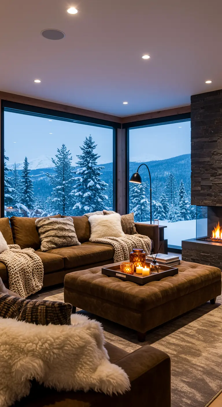 Salon moderne avec grandes fenêtres, cheminée, canapé et ottoman, vue sur la neige