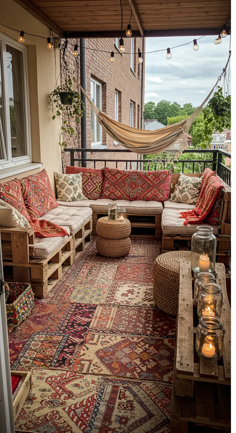 Balcon avec salon de jardin en palettes, tapis persans superposés et bocaux lumineux.