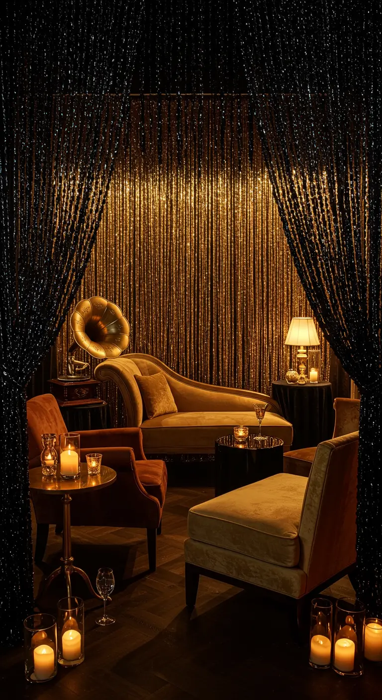 Coin salon intime derrière des rideaux scintillants, éclairé à la bougie.