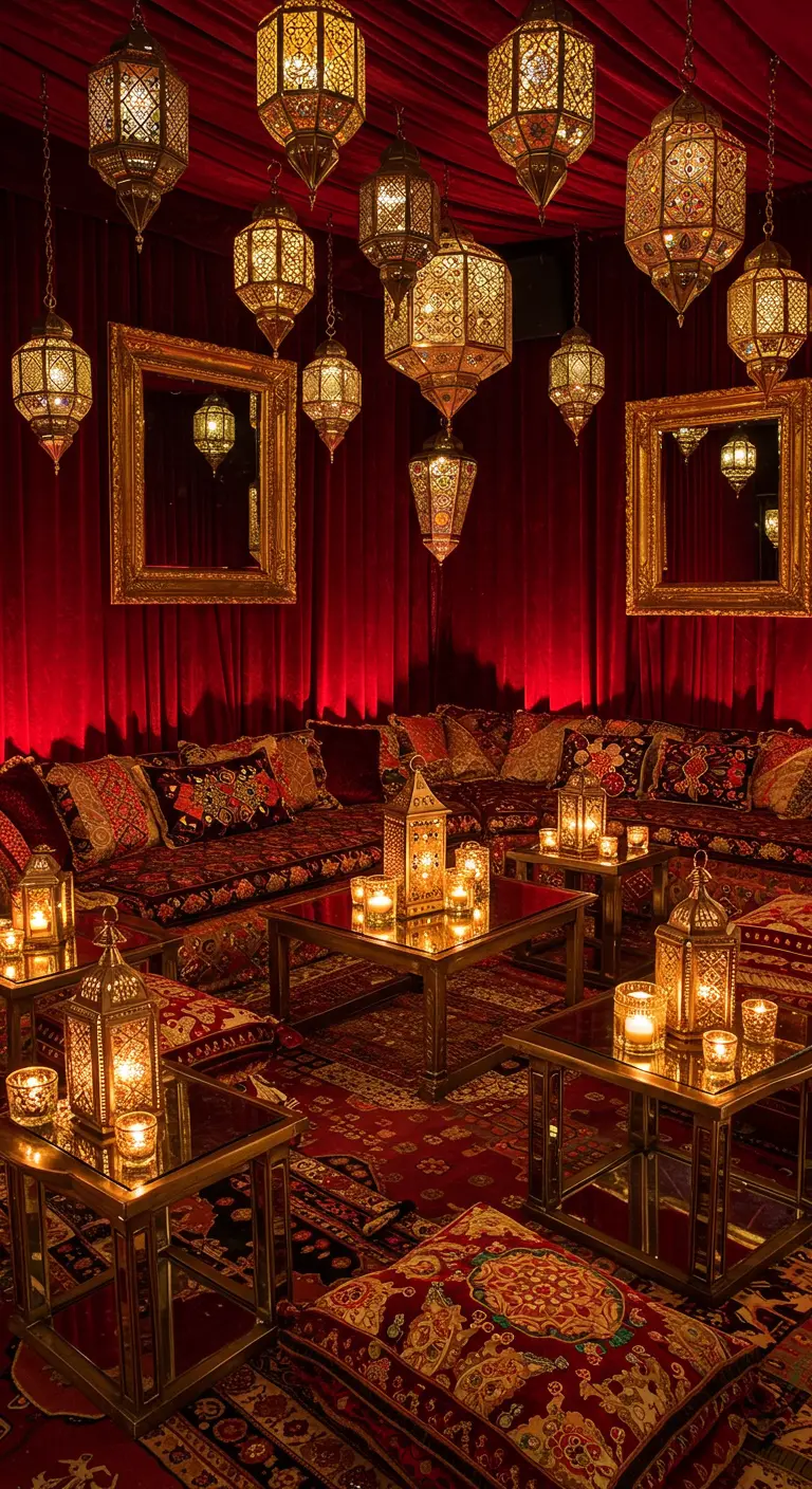 Coin lounge avec des murs en velours rouge et de nombreuses lanternes dorées.
