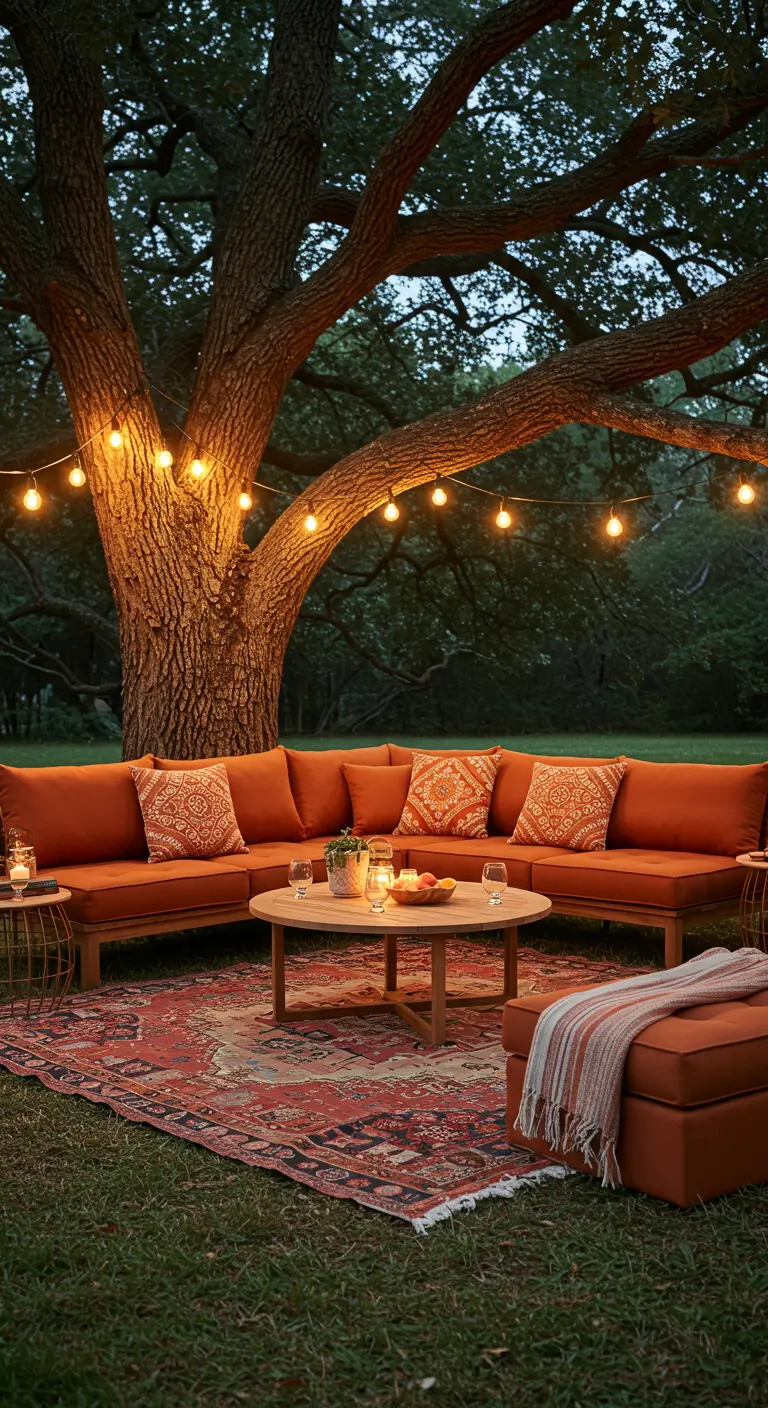 Salon d'extérieur orange sous un grand arbre avec des guirlandes lumineuses.