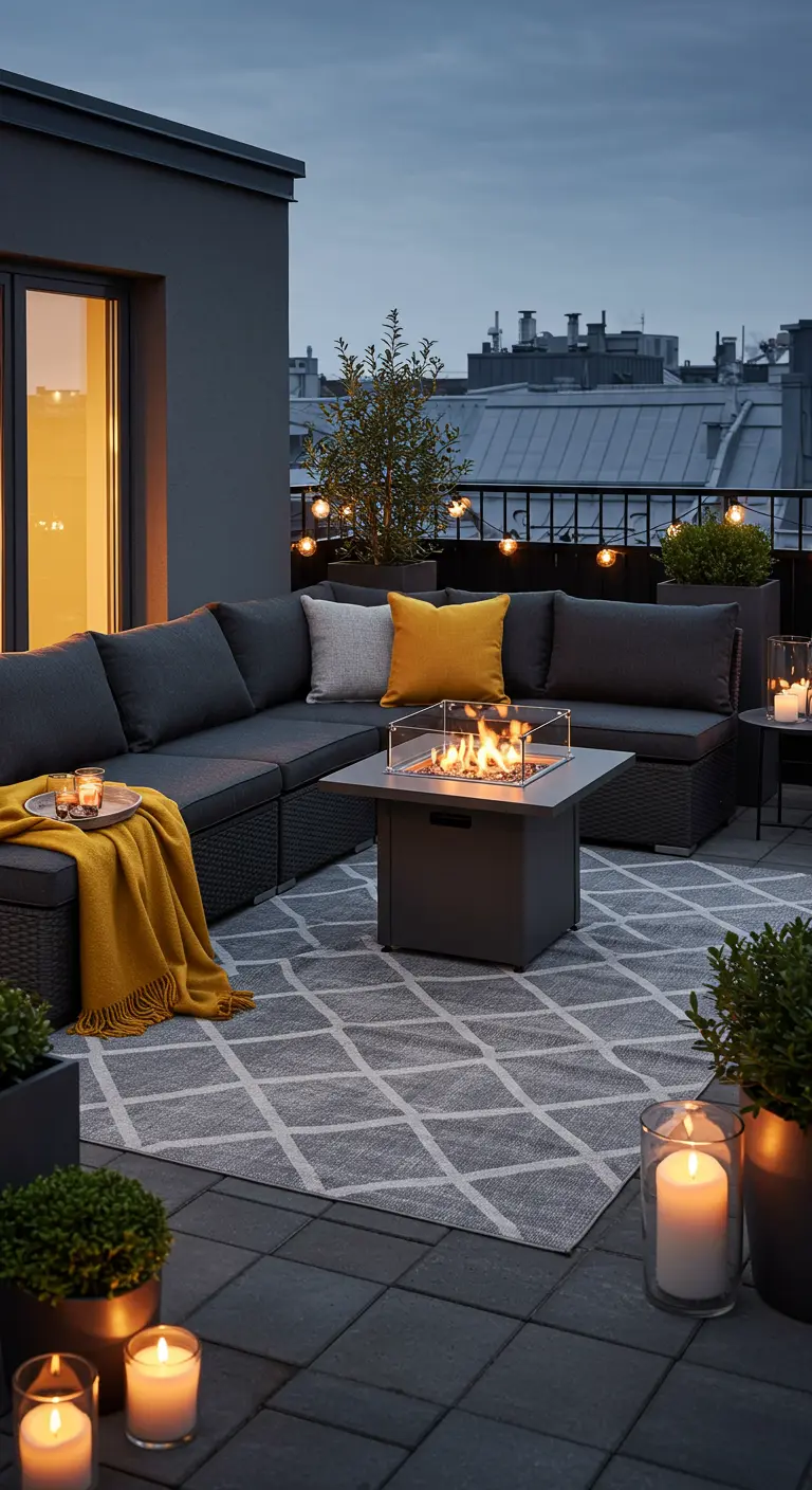 Rooftop moderne avec canapé d'angle, table brasero et tapis géométrique.