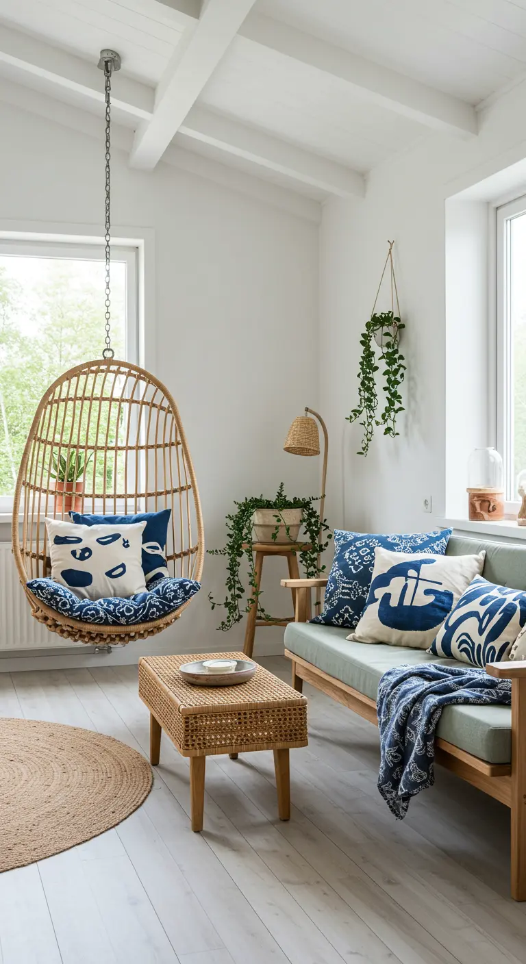 Coin salon minimaliste avec fauteuil suspendu en rotin et coussins à motifs bleus.