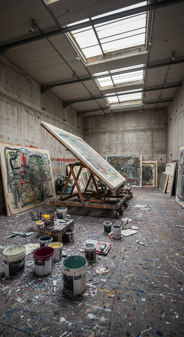 Grand atelier de peintre avec un sol couvert de taches de peinture et une immense toile sur un chevalet mobile.