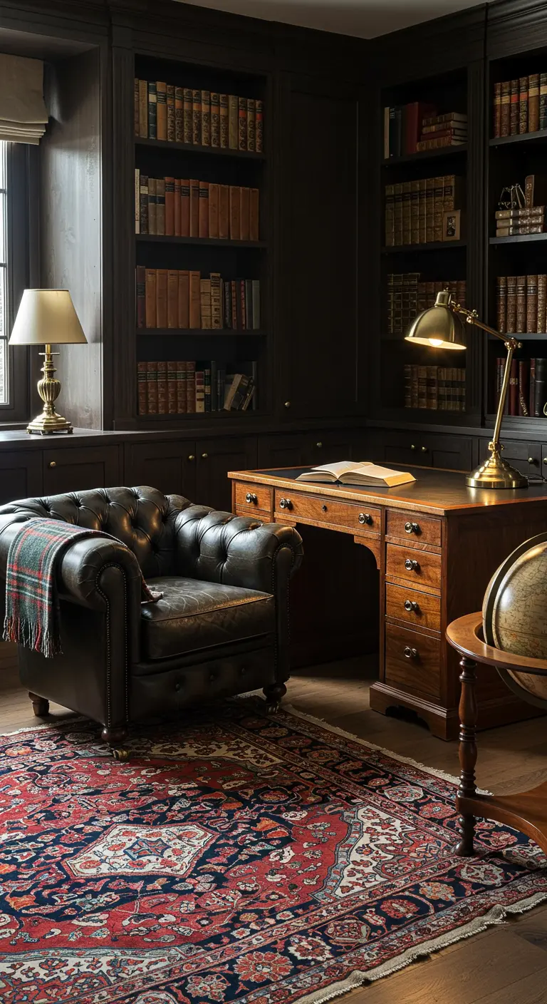 Fauteuil Chesterfield cuir, plaid tartan, bureau bois, lampe banquier, bibliothèque, tapis persan.