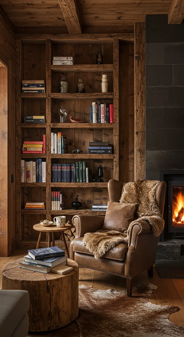 Coin lecture avec fauteuil en cuir, plaid en fourrure et bibliothèque en bois près d'un feu.