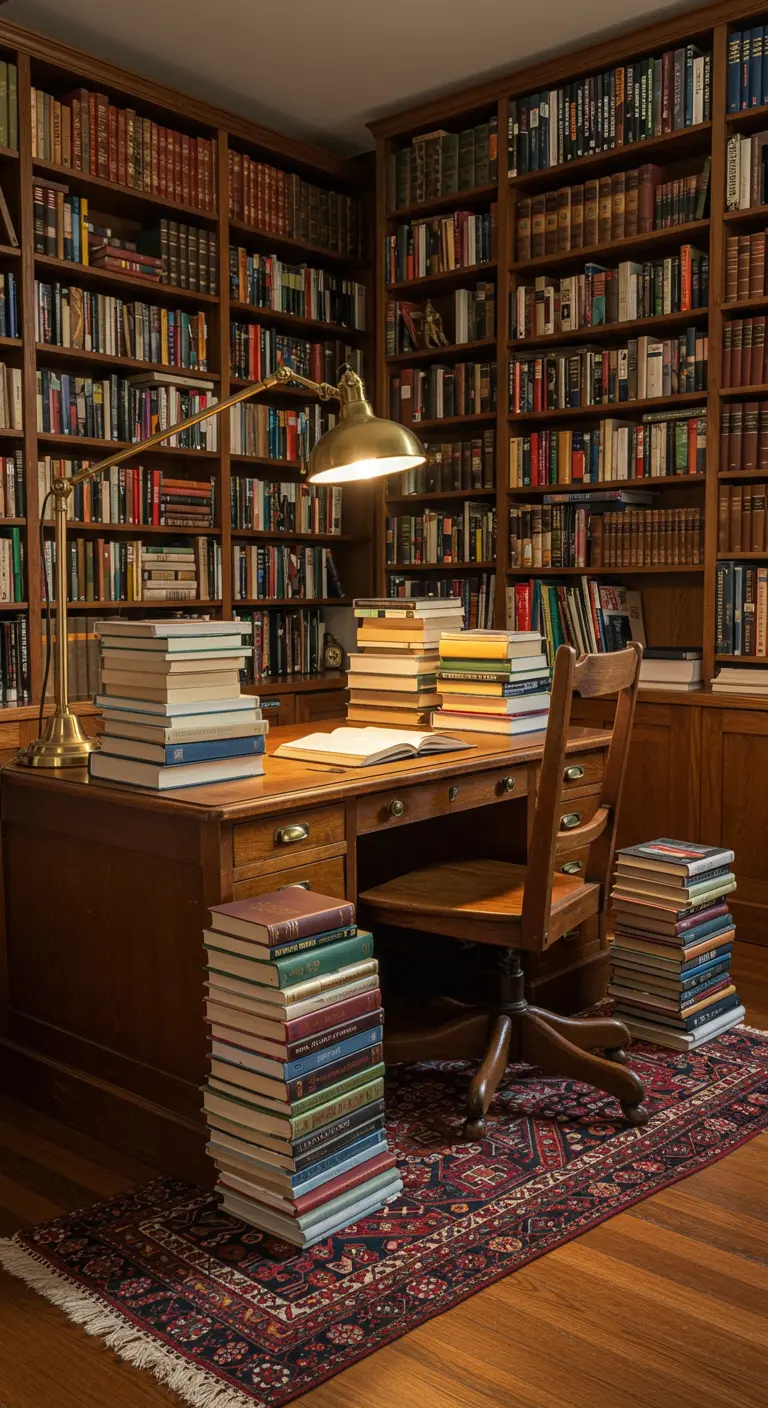 Bureau en bois au centre d'une bibliothèque remplie de livres, avec des piles de livres sur le sol.