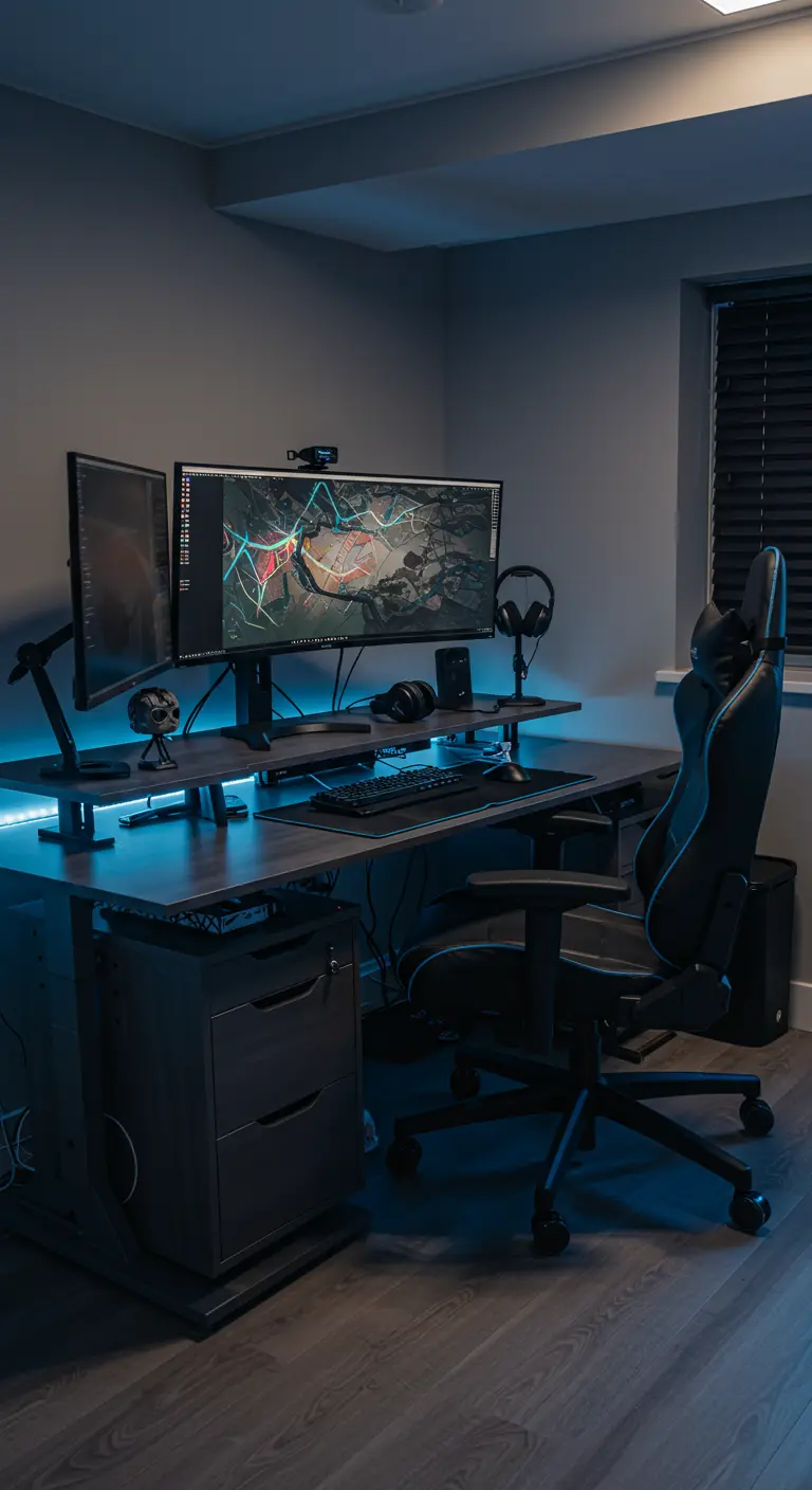 Bureau gaming avec écrans multiples, éclairage LED bleu et fauteuil ergonomique