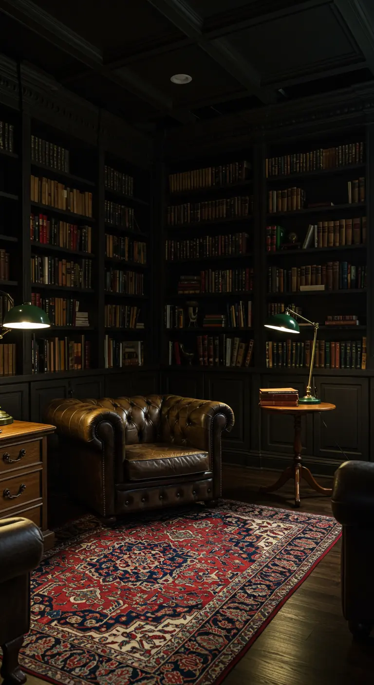 Coin lecture sombre avec bibliothèque, fauteuil Chesterfield et tapis d'Orient.