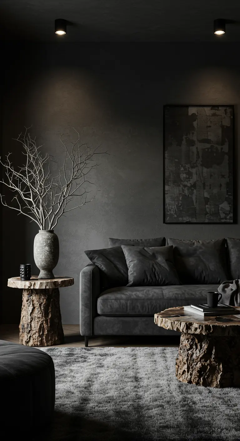 Salon sombre et texturé avec un canapé anthracite et des tables en bois brut.