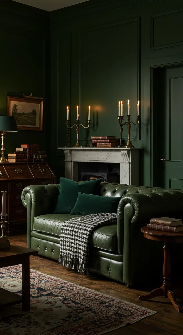 Salon entièrement vert foncé avec canapé Chesterfield en cuir vert et chandeliers en laiton.