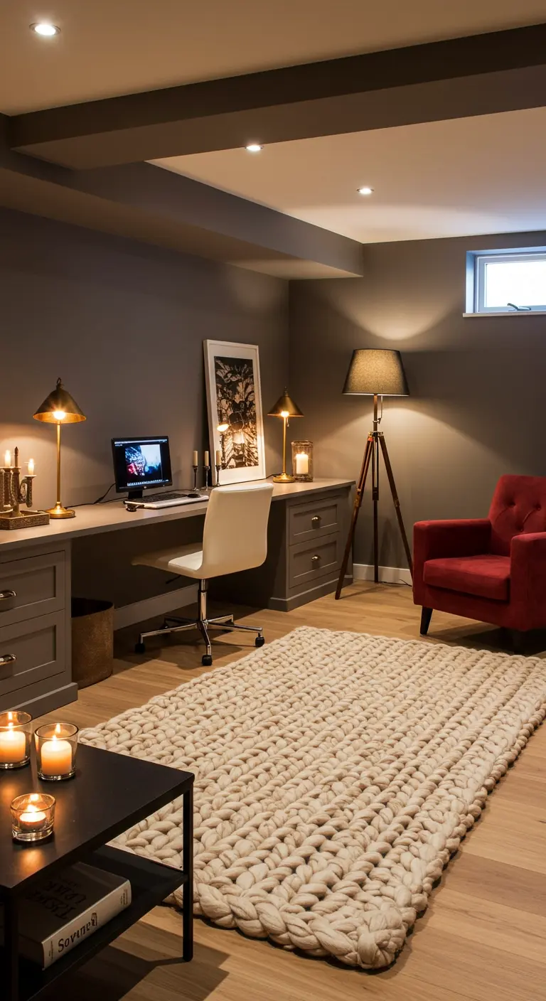 Bureau en sous-sol avec tapis en grosse maille, fauteuil rouge et lumières tamisées.