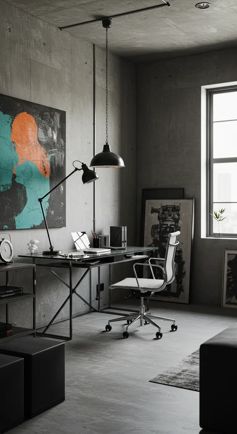 Bureau moderne industriel avec murs en béton, mobilier noir et blanc, et art abstrait coloré.