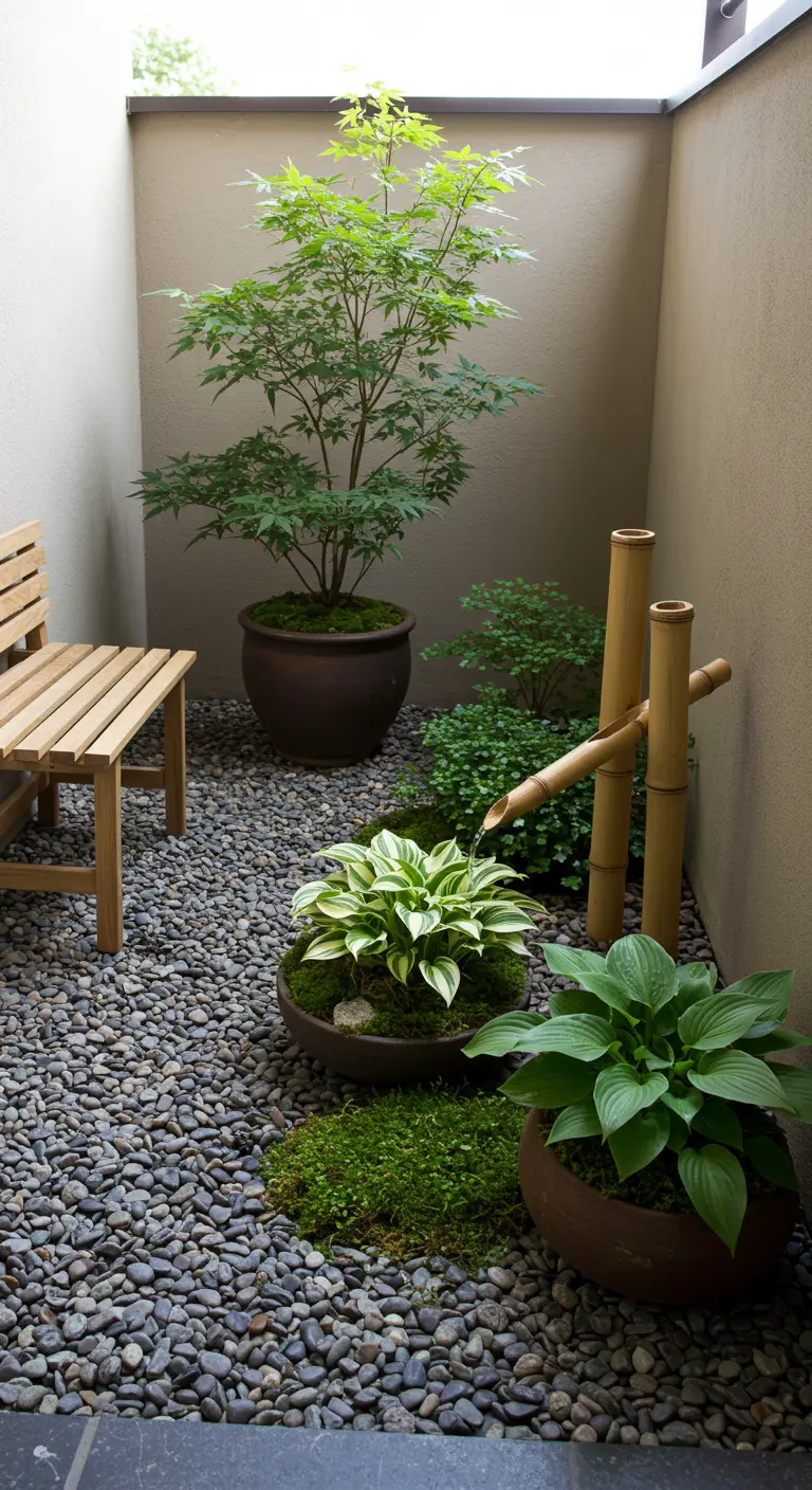 Petit jardin zen avec un érable du Japon, des hostas et une fontaine en bambou.
