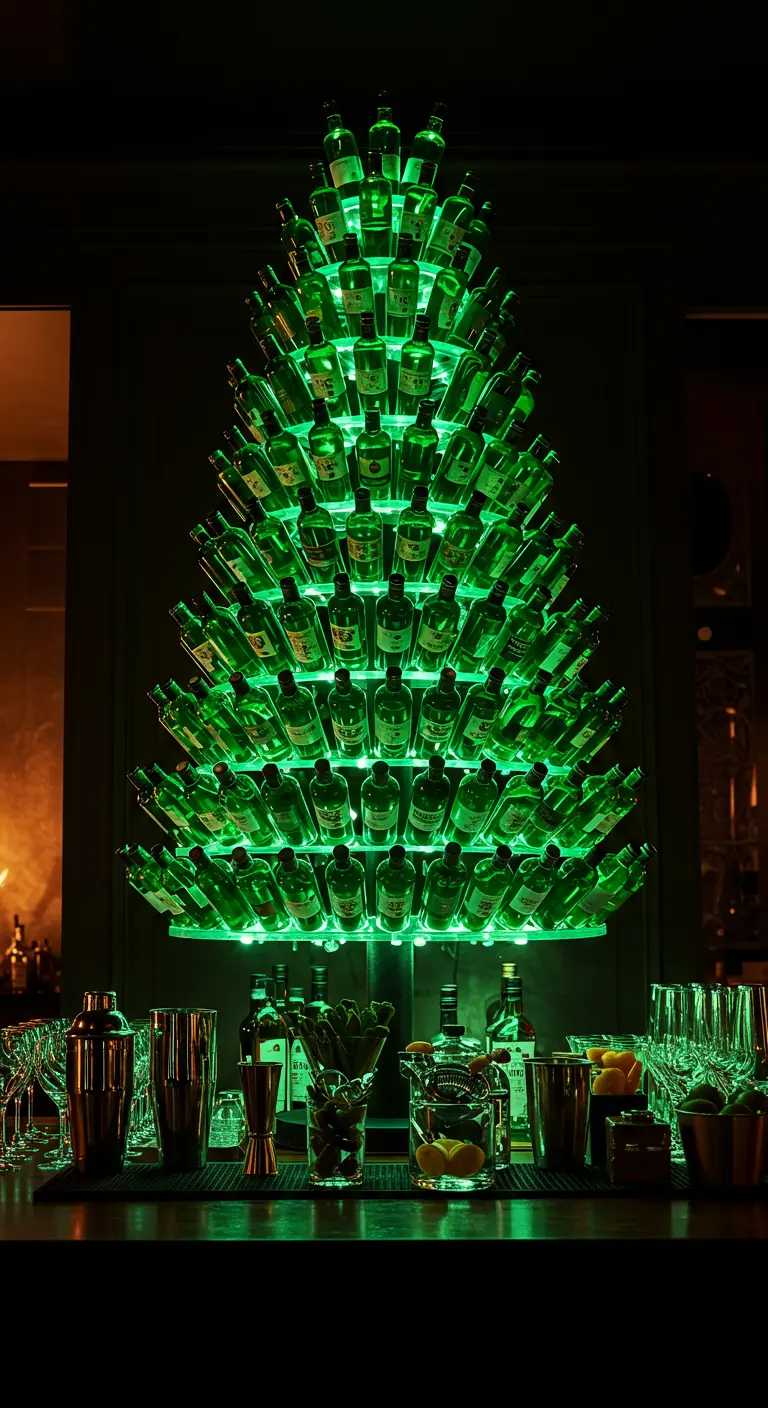 Sapin de Noël composé de bouteilles en verre vertes, illuminées de l'intérieur.