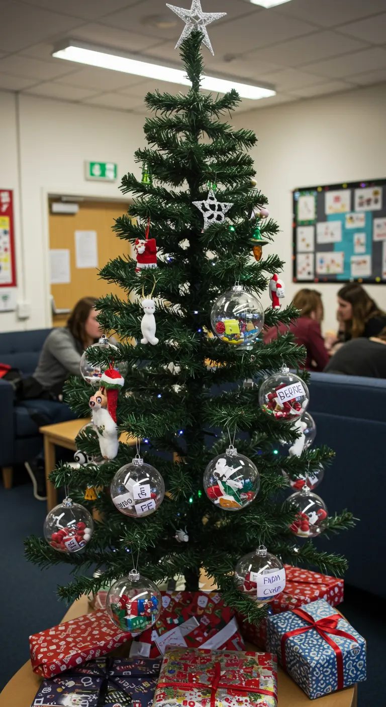 Petit sapin de Noël décoré avec des boules faites par des enfants.