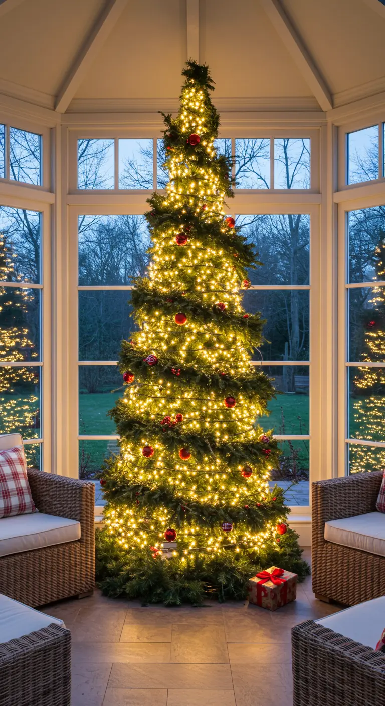 Sapin de Noël très élancé et entièrement couvert de lumières chaudes dans une véranda.