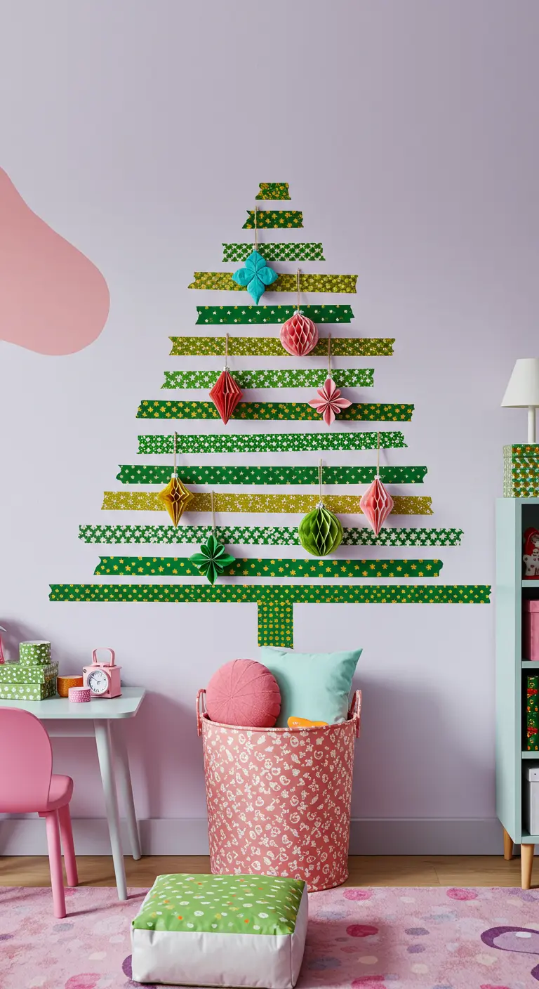 Sapin de Noël mural coloré créé avec des bandes de washi tape vert et doré.