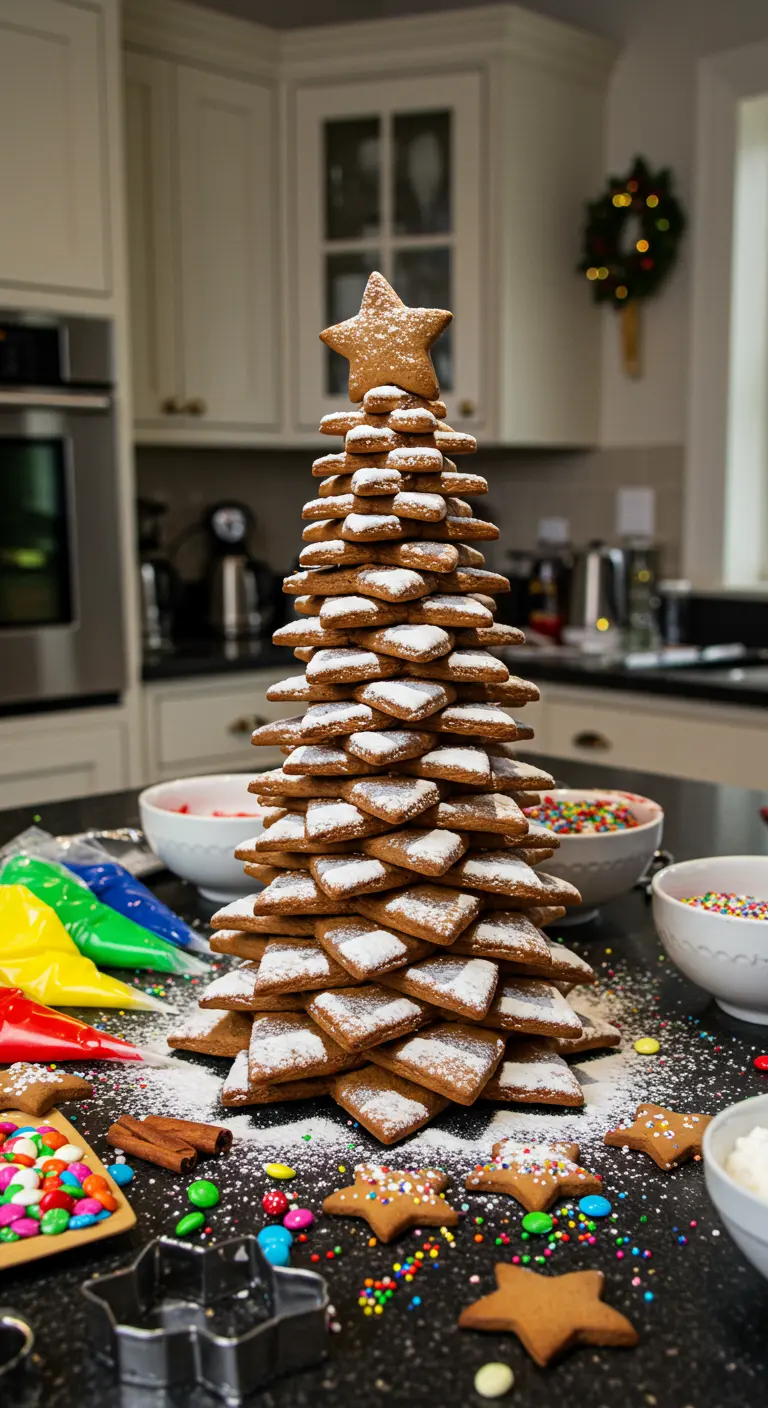 Tour de biscuits en pain d'épices en forme de sapin, saupoudrée de sucre glace.