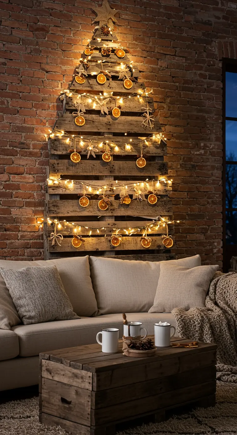 Sapin de Noël mural fait avec une palette en bois, décoré de guirlandes et d'oranges séchées.