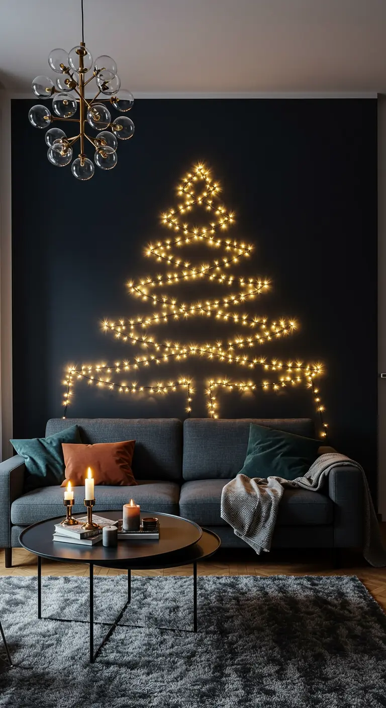 Silhouette d'un sapin de Noël dessinée avec une guirlande lumineuse sur un mur sombre.