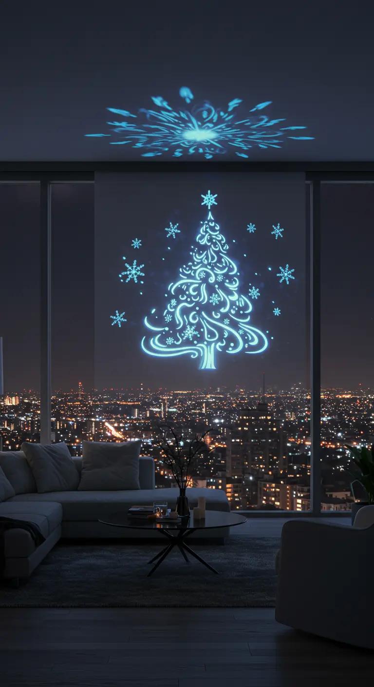 Sapin lumineux projeté sur la grande baie vitrée d'un appartement avec vue sur la ville.