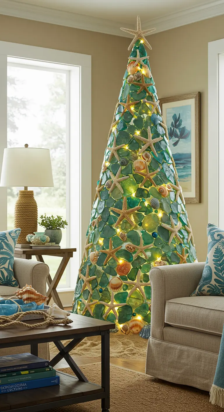 Sapin de Noël fait de verre de mer et de coquillages, avec des lumières à l'intérieur.