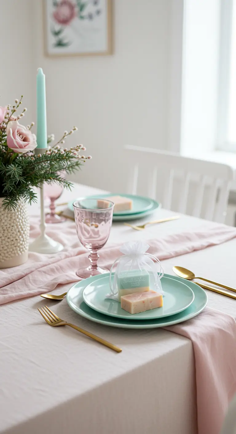 Table élégante aux tons pastel avec un savon artisanal comme cadeau d'invité.