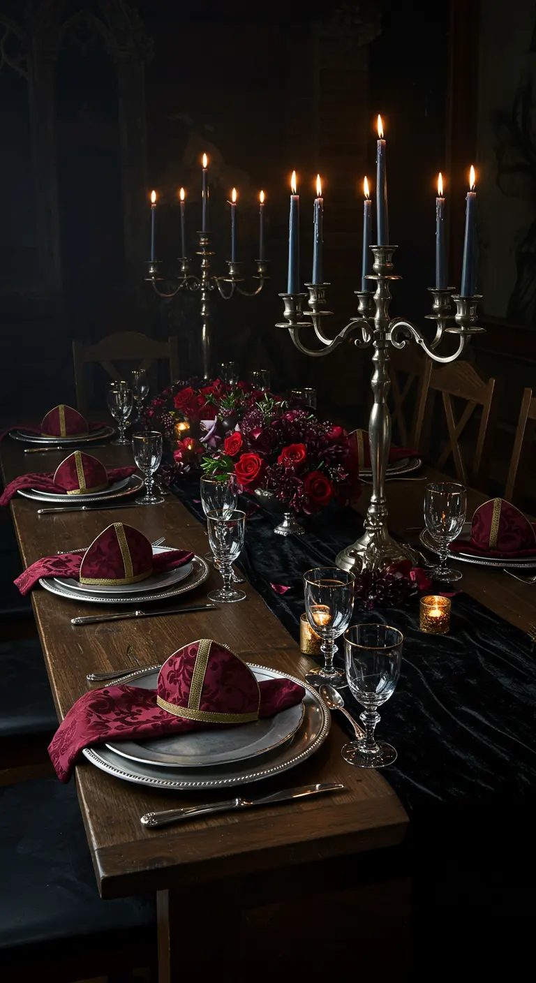 Table de banquet gothique avec chandeliers et serviettes bordeaux.