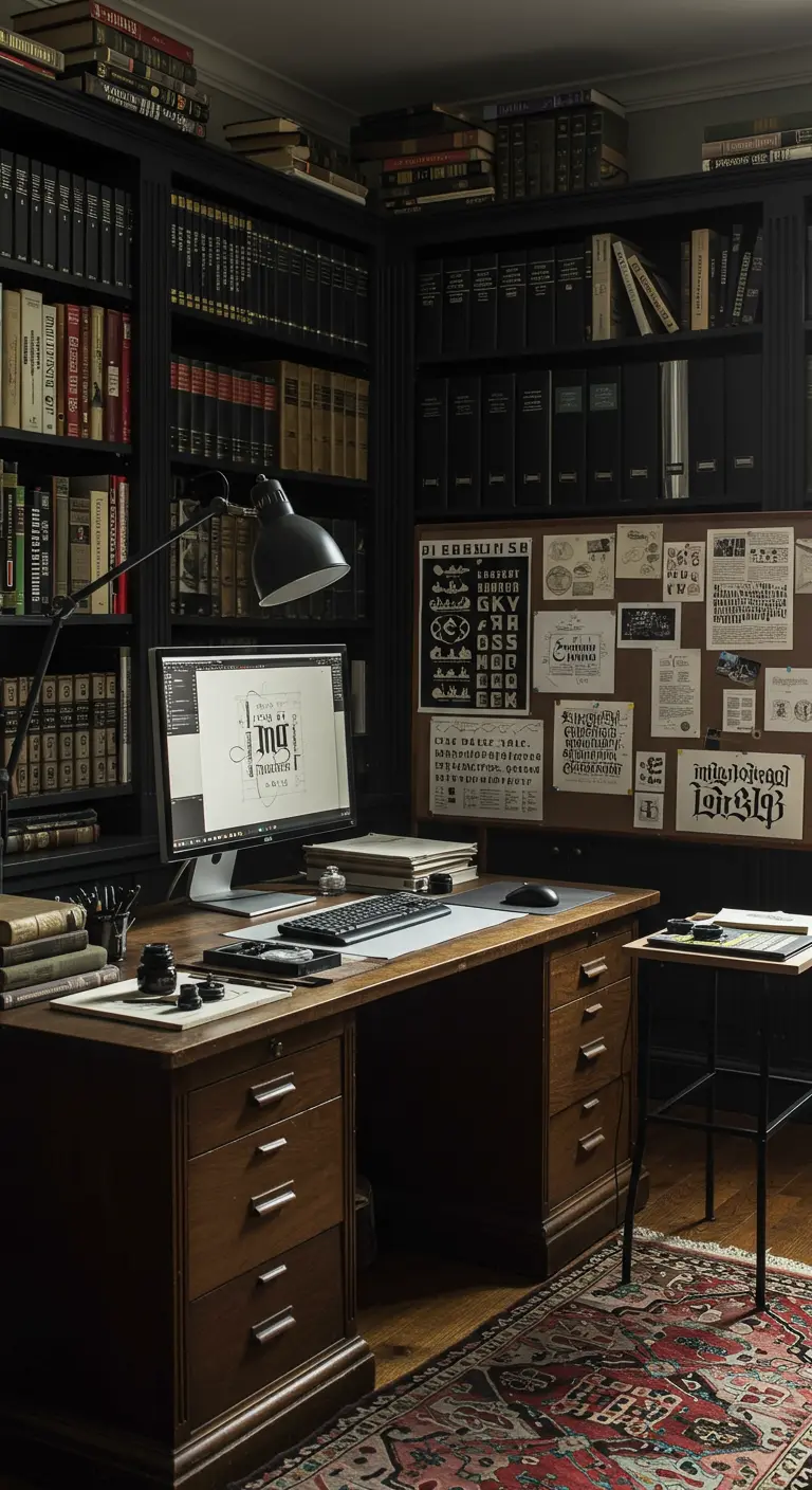 Bureau de calligraphe sombre entouré de bibliothèques, avec un bureau en bois.