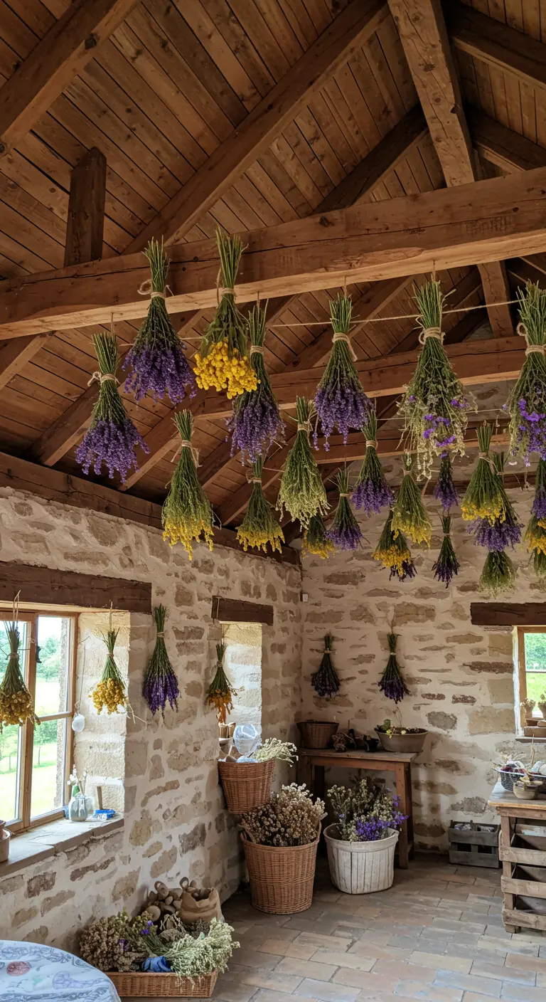 Des dizaines de bouquets de lavande et de fleurs jaunes suspendus au plafond d'une pièce rustique.