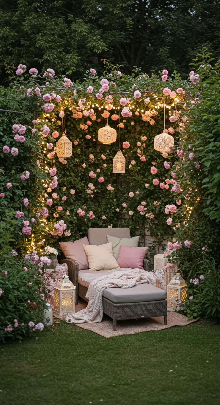 Coin salon extérieur intime entouré de rosiers grimpants roses, éclairé par des guirlandes et des lanternes.
