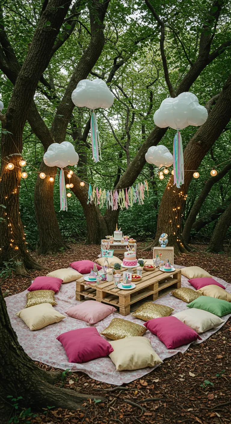 Table basse en palettes entourée de coussins multicolores, ballons nuages et guirlandes lumineuses dans un bois.