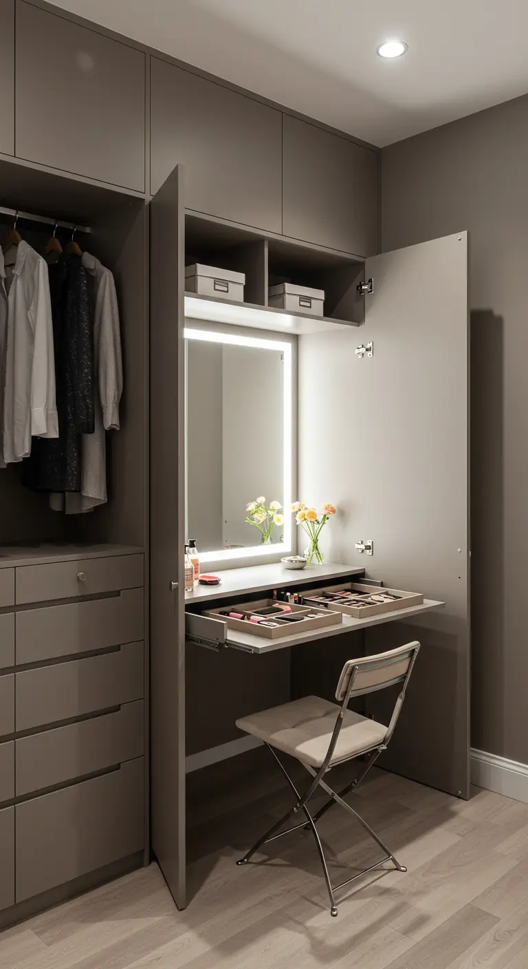 Coiffeuse escamotable intégrée dans un dressing gris, miroir lumineux, chaise pliante.