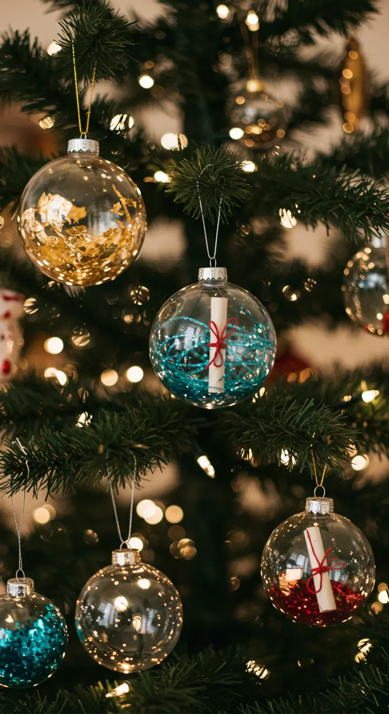 Gros plan sur des boules de Noël contenant des messages roulés et des paillettes.