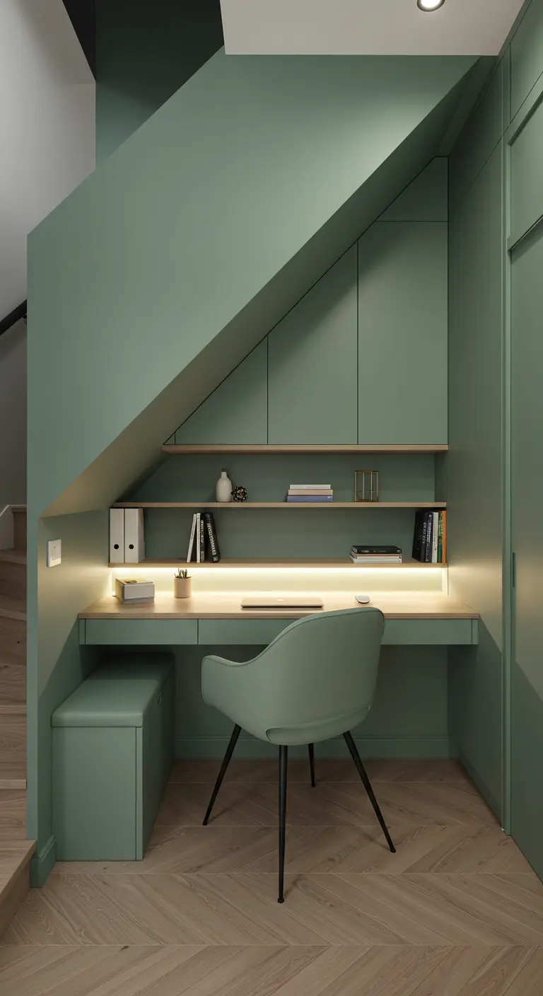 Bureau vert sauge aménagé sous un escalier avec un éclairage LED intégré.