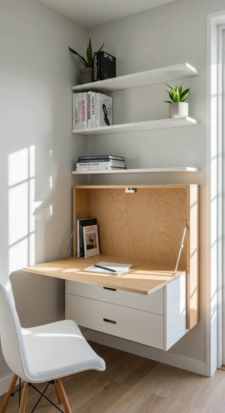Bureau mural rabattable en bois clair et blanc avec étagères fines et chaise design.
