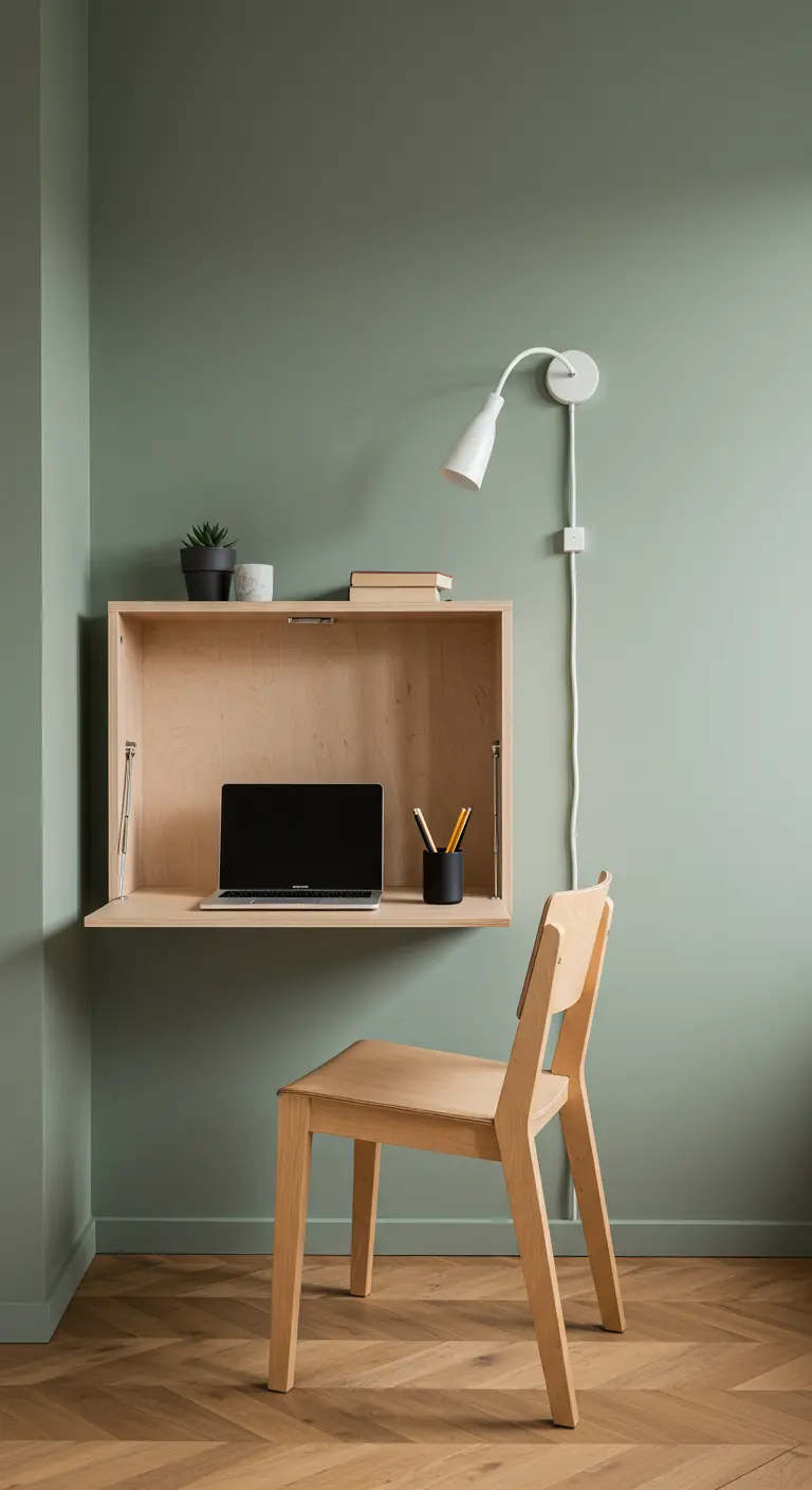 Bureau mural rabattable en bois clair, ouvert contre un mur vert sauge.