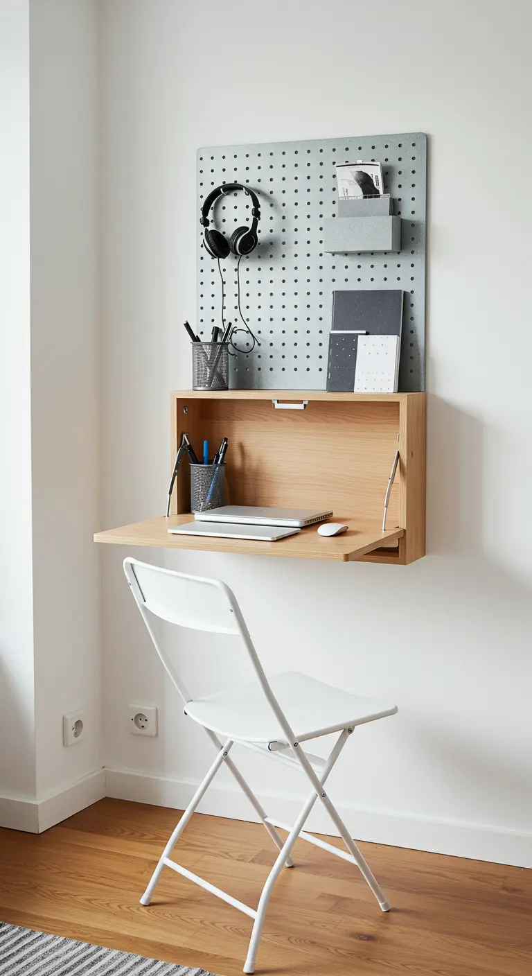 Secrétaire mural en bois rabattable avec un panneau perforé pour le rangement.