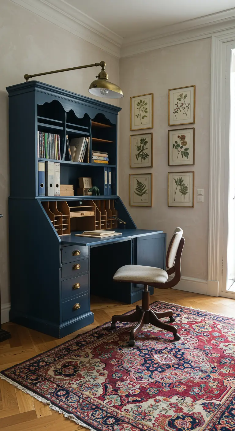 Bureau secrétaire bleu nuit avec une chaise pivotante et un mur de cadres botaniques.