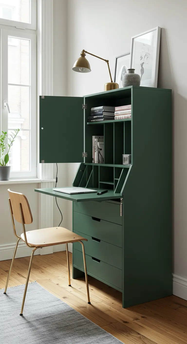 Secrétaire vintage peint en vert foncé, ouvert pour révéler un espace de travail.