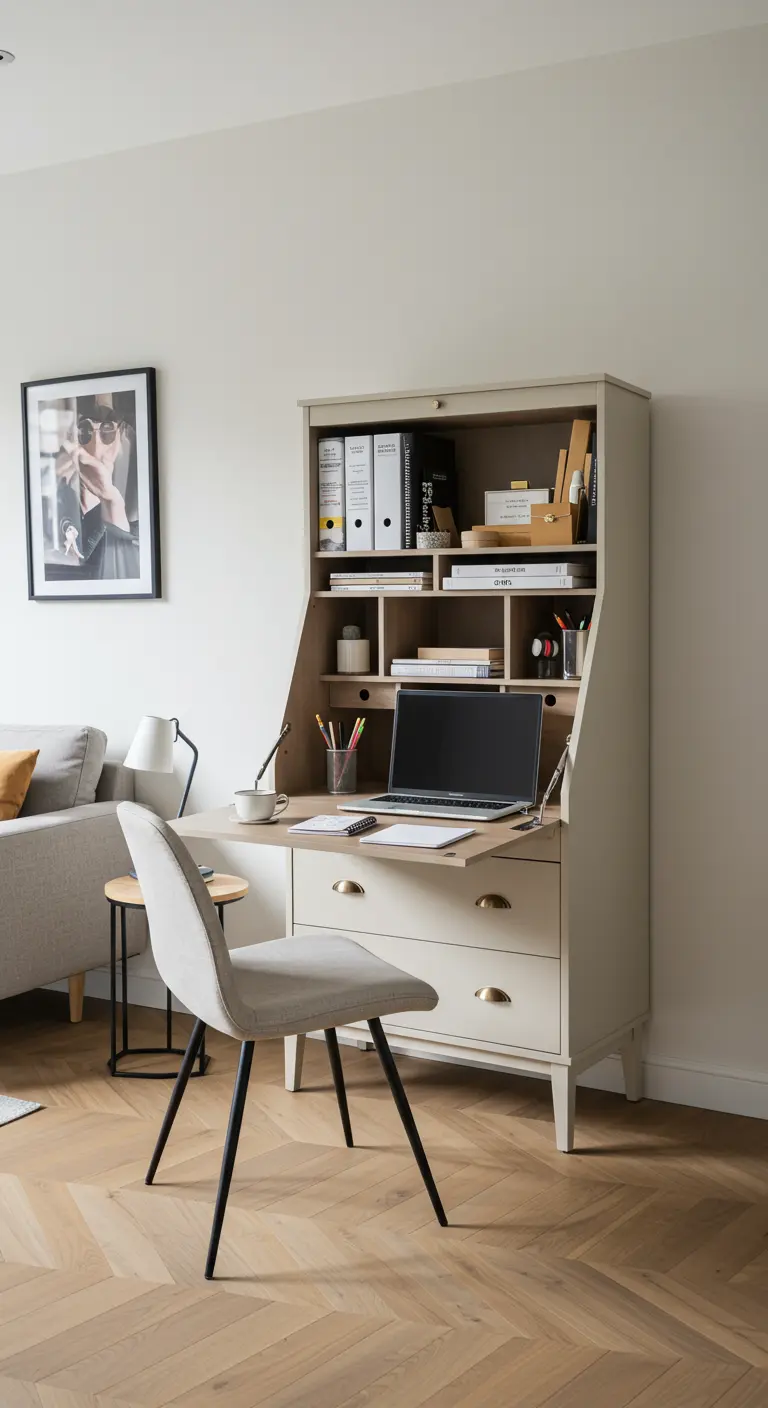 Bureau secrétaire moderne de couleur crème, ouvert dans un salon avec un ordinateur portable.