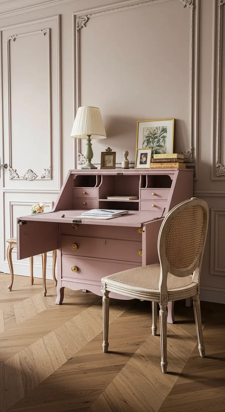 Secrétaire de style classique peint en rose poudré dans une chambre aux murs moulurés.