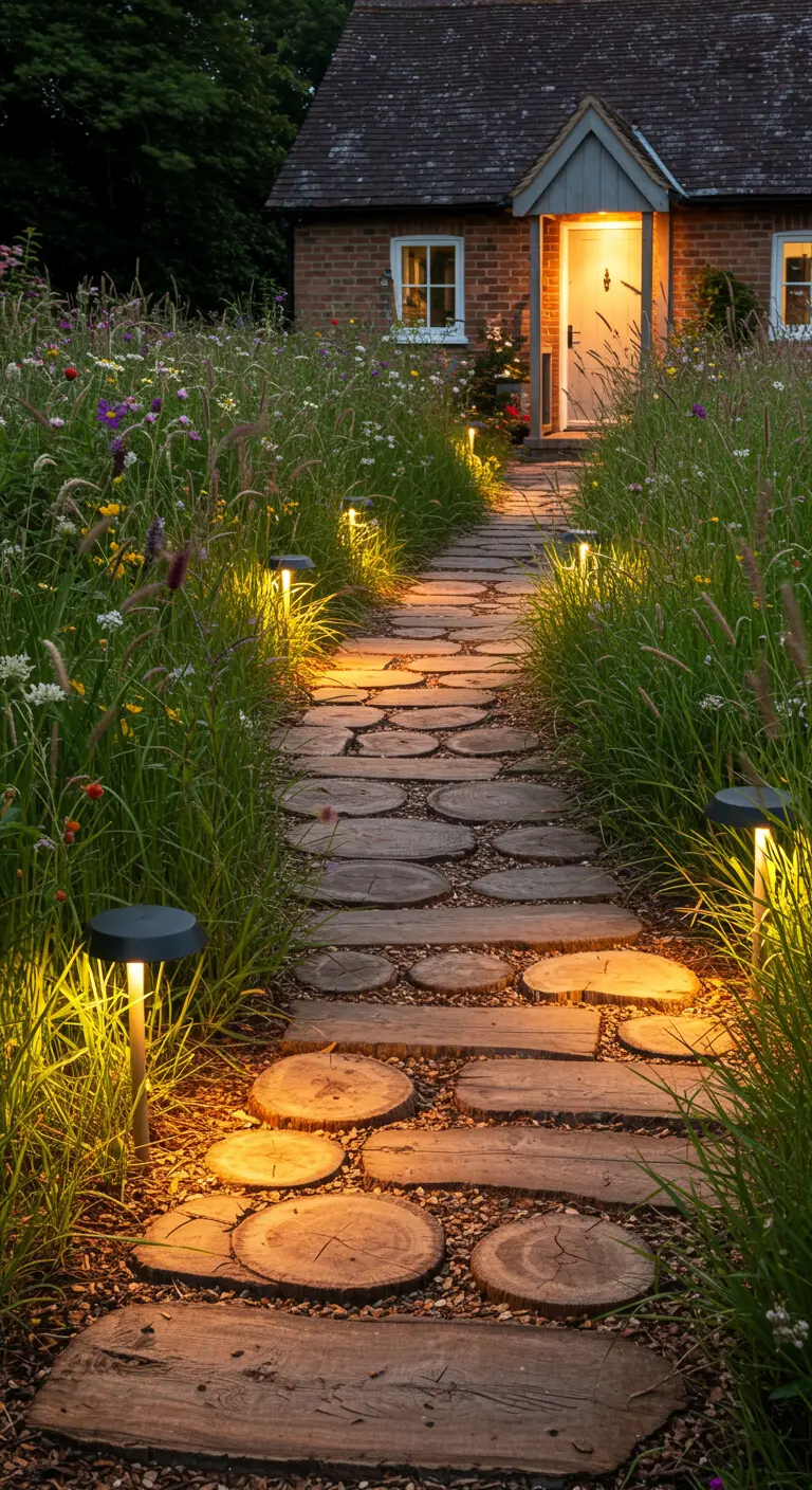 Chemin de jardin rustique en rondins de bois avec lumières solaires dans l'herbe haute.