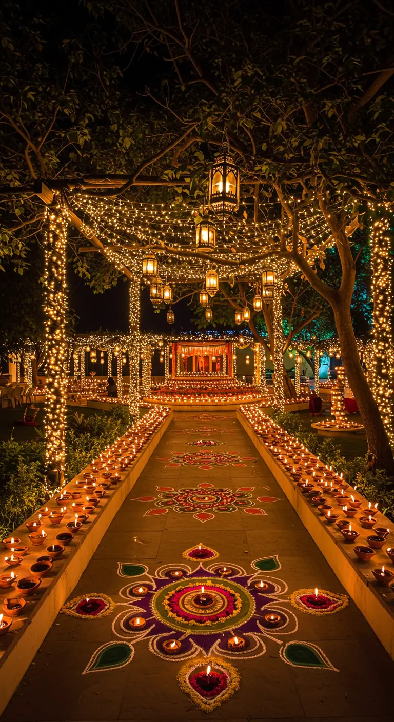 Allée de jardin la nuit, bordée de bougies et décorée de motifs rangoli.