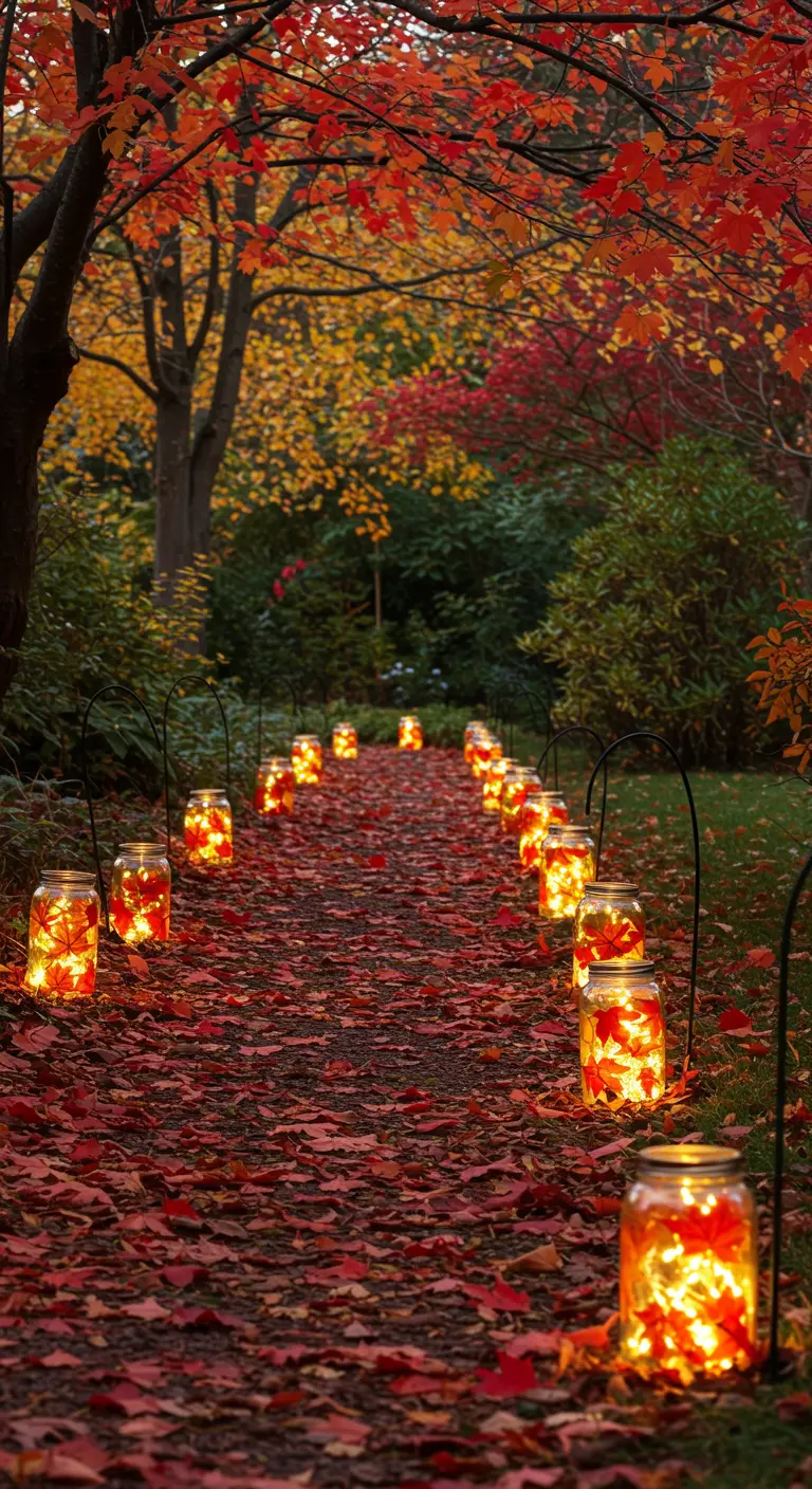Allée de jardin recouverte de feuilles rouges et bordée de bocaux lumineux.