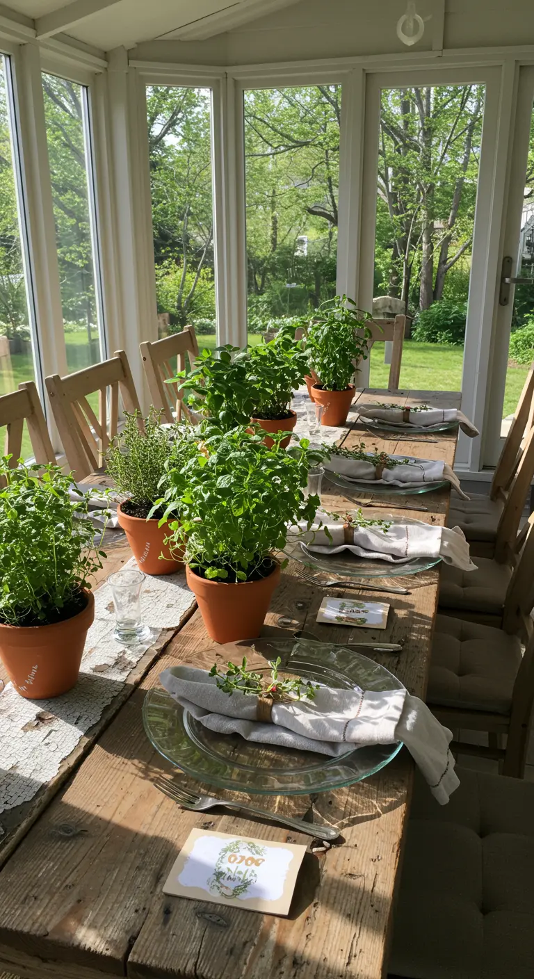 Pots d'herbes aromatiques fraîches alignés sur une longue table en bois ensoleillée.
