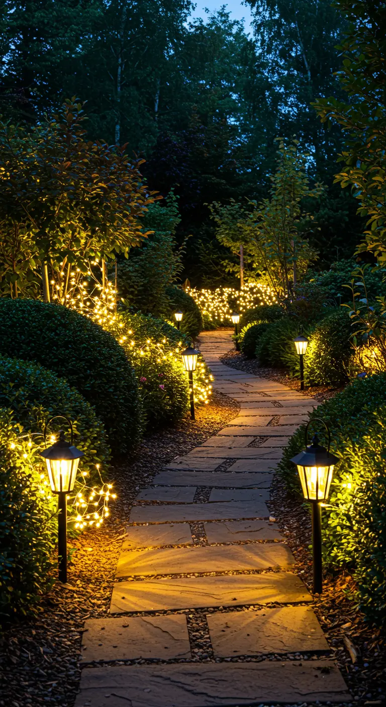 Un chemin de jardin en dalles éclairé par des lanternes et des guirlandes dans les buissons.