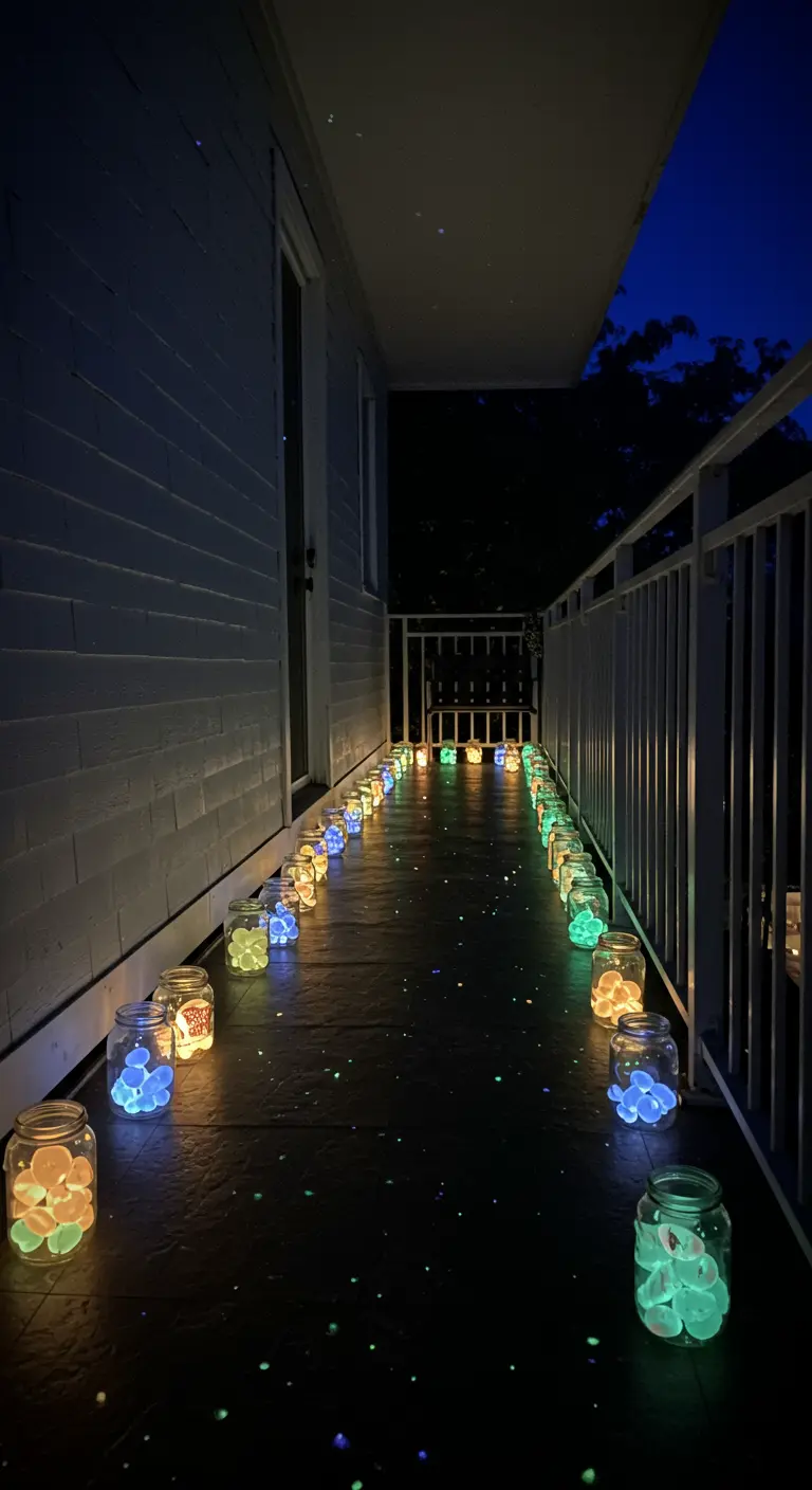 Bocaux en verre remplis de pierres colorées phosphorescentes alignés sur un balcon.