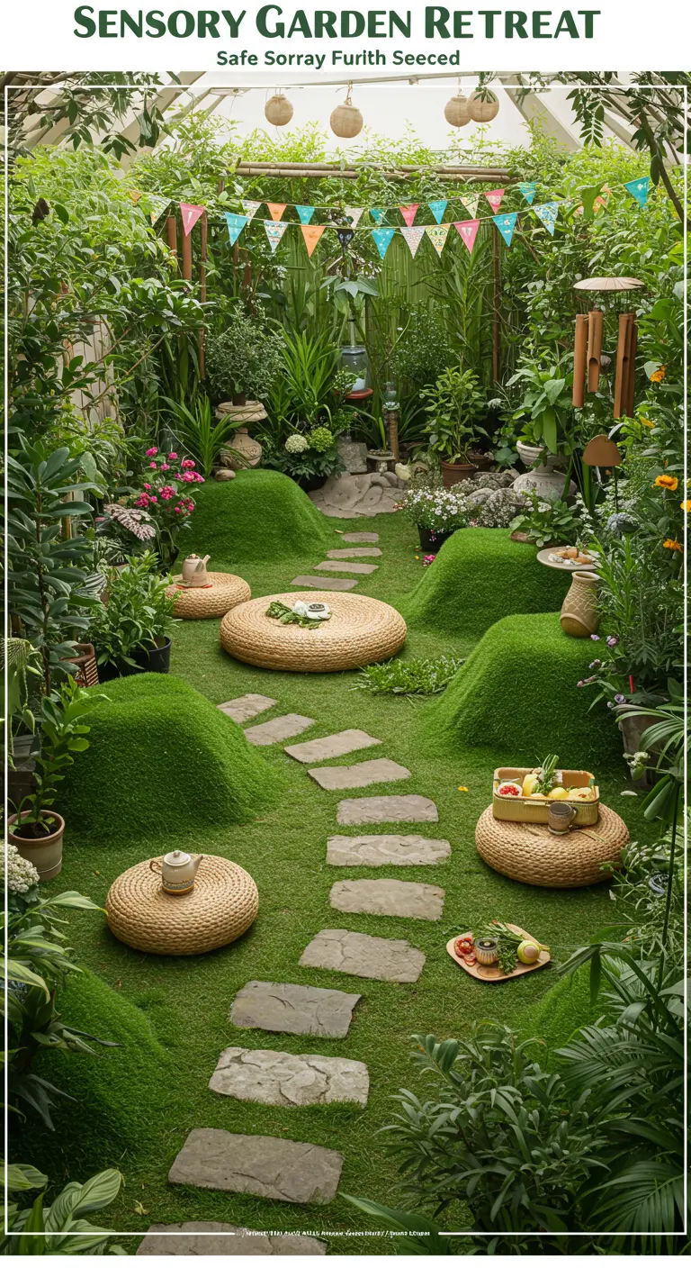 Jardin sensoriel avec monticules d'herbe, chemin de dalles et coussins en osier.
